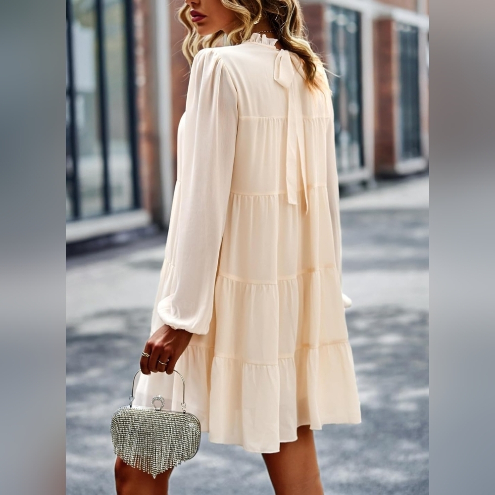 Cream Sheer Long Sleeve Ruffle Mick Neck Tiered Dress Size Small - Picture 2 of 12
